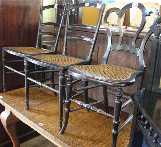 3 Victorian ebonised cane seat bedroom chairs